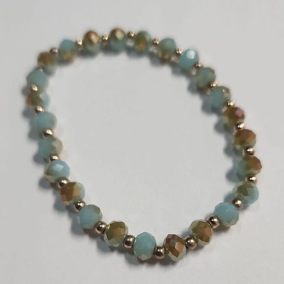 Elegant Gold and Blue Beaded Stretch Bracelet Size 6 - Picture 1 of 2